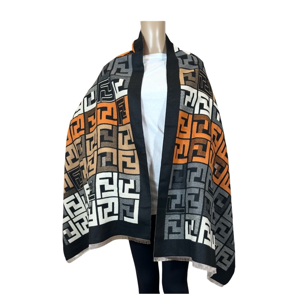 Source Unknown F Poncho Scarf Orange Black Multi OS - Picture 6 of 13